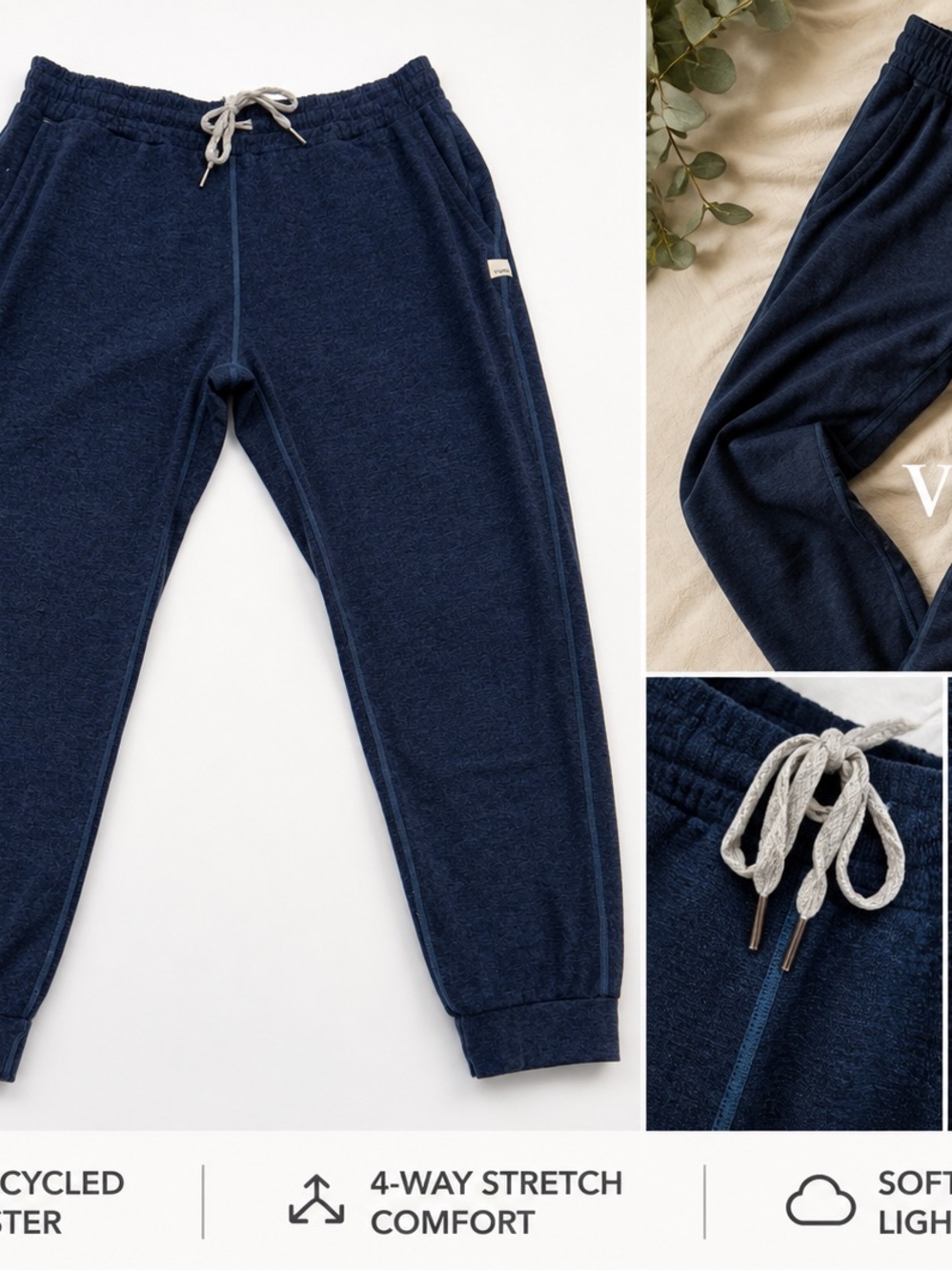 Vuori Men's Navy Jogger Pants L Drawstring Stretch Recycled Polyester Gym